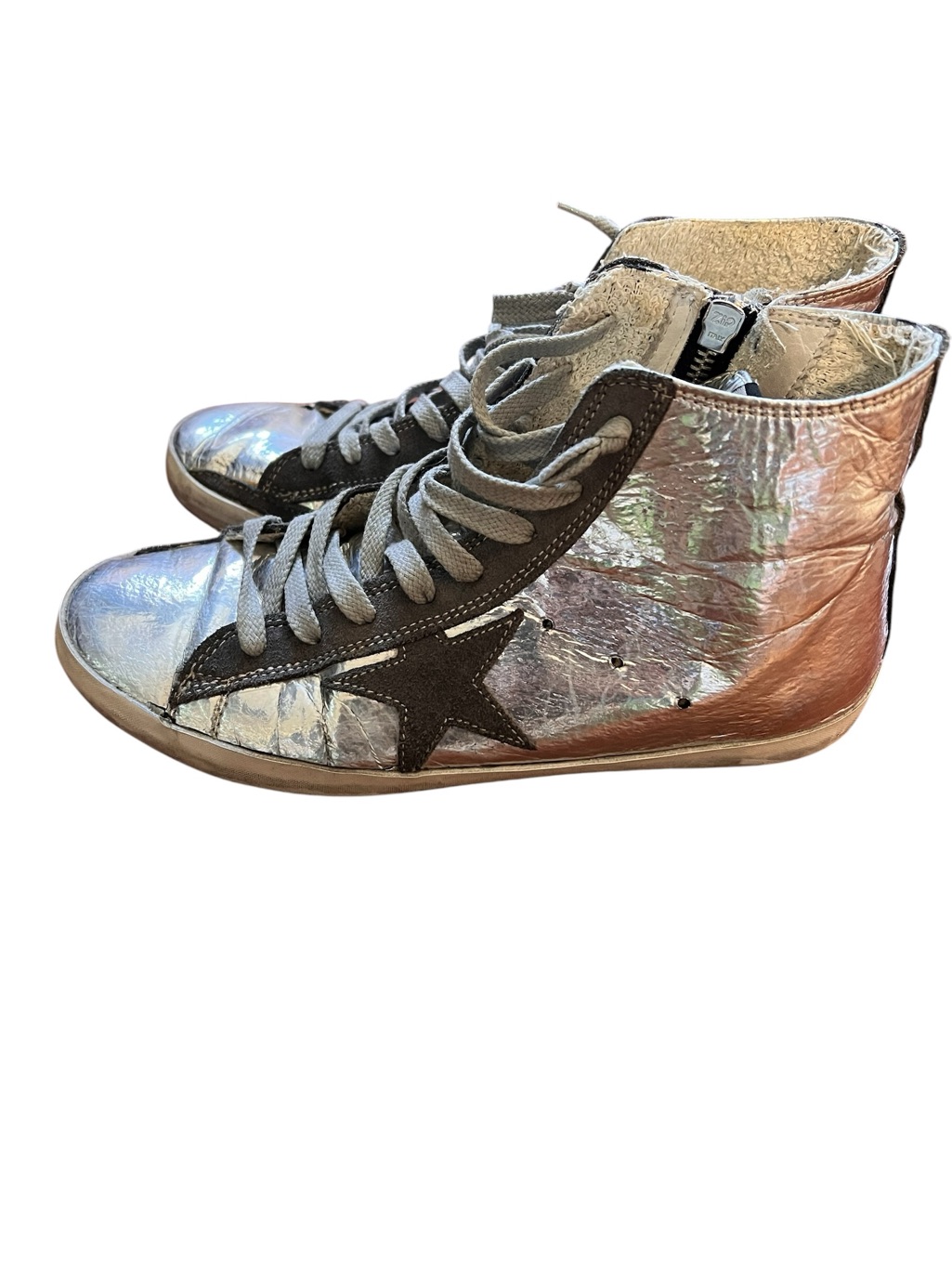 Golden Goose Francy Silver Metallic High-Top Sneakers Size 8 Excellent Condition